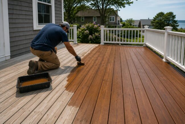 cost-to-stain-a-deck-in-massachusetts Professional applying stain to a residential deck in Massachusetts