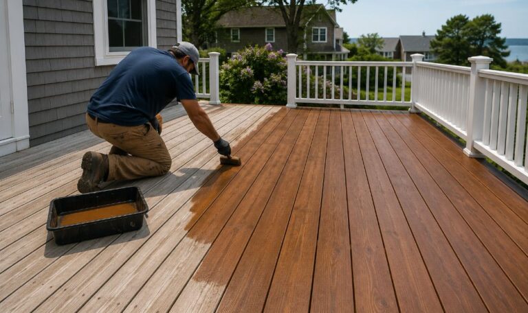 Professional applying stain to a residential deck in Massachusetts
