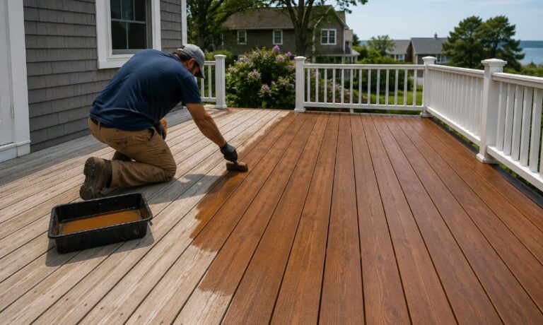 Professional applying stain to a residential deck in Massachusetts