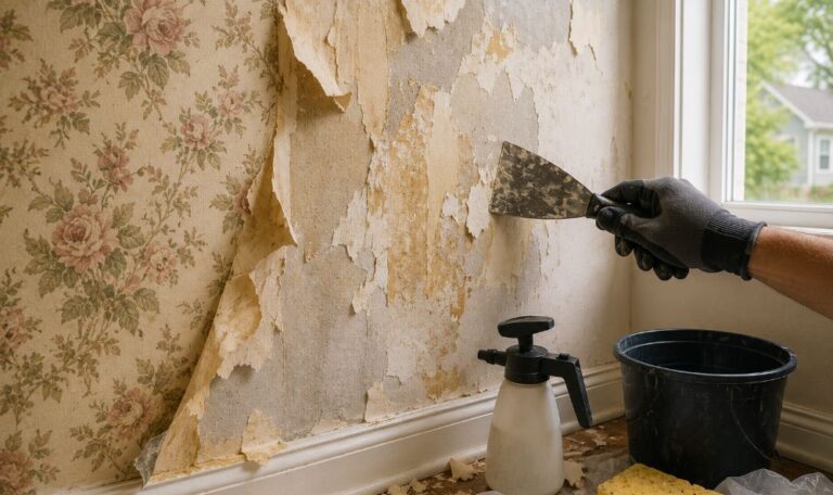 Professional removing stubborn wallpaper and adhesive from a wall in a Massachusetts home