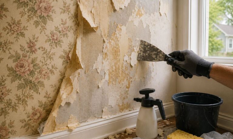Professional removing stubborn wallpaper and adhesive from a wall in a Massachusetts home
