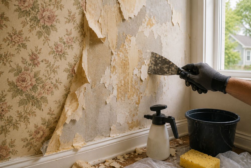Professional removing stubborn wallpaper and adhesive from a wall in a Massachusetts home